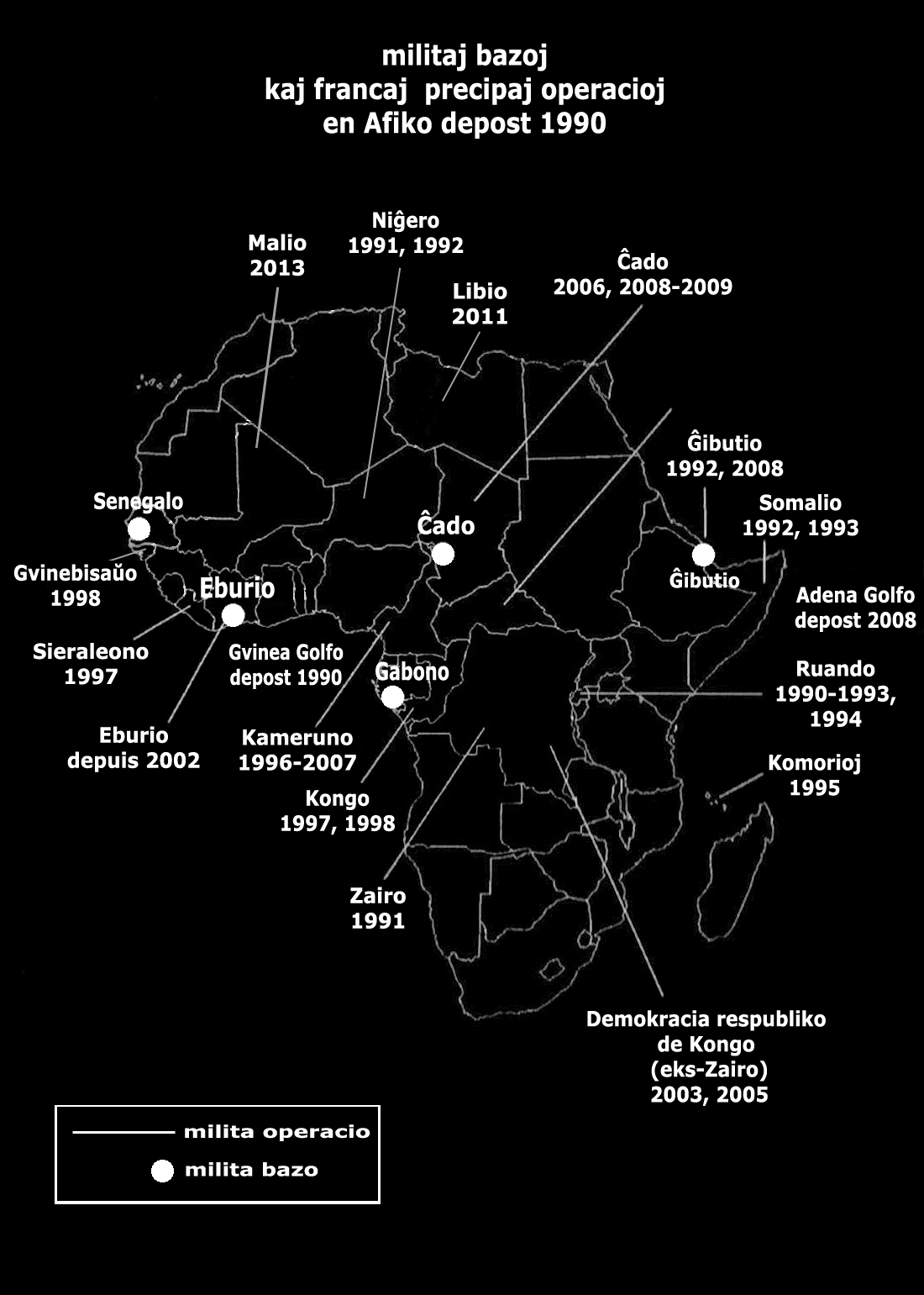 Militaj bazoj kaj francaj precipaj operacioj en Afriko depost 1990